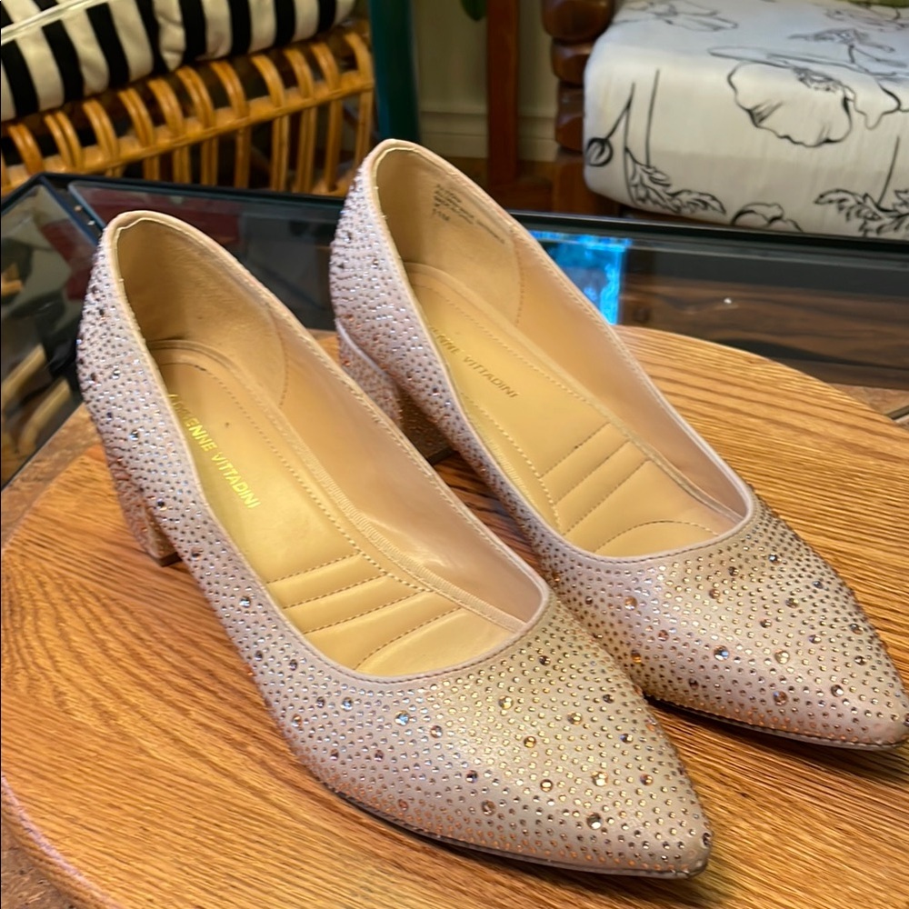 Adrienne Vittadini Cream Kitten Heel Pumps with Rose Gold Rhinestones